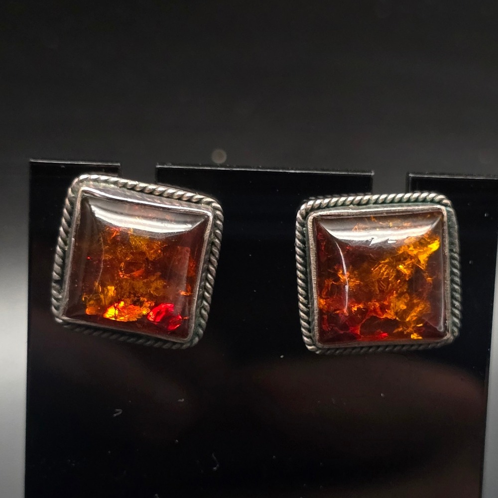 Sterling Silver Amber Stud Earrings Orange Pierced Post